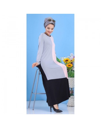Robe longue tricolore pour femme (noir, gris et rose) 