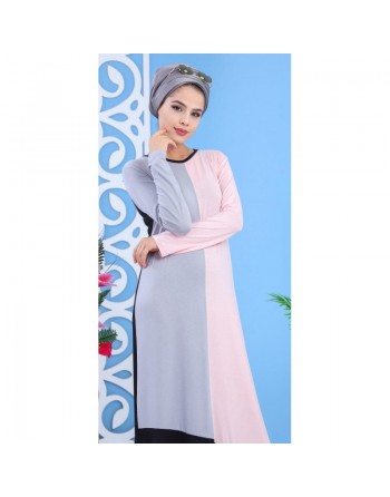 Robe longue tricolore pour femme (noir, gris et rose) 