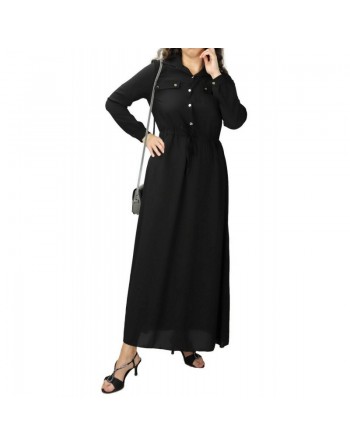 Robe de ville boutonnée manches longues pour femme - Couleur Noir 
