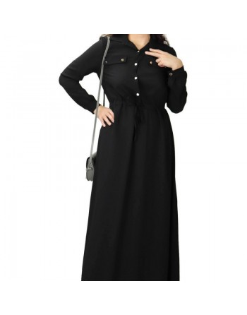 Robe de ville boutonnée manches longues pour femme - Couleur Noir 