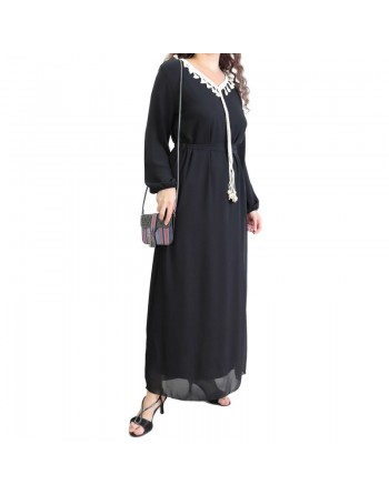 Robe maxi-longue fluide avec cordons à pompons pour femme - Couleur Noir 