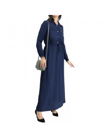 Robe casual boutonnée manches longues pour femme - Couleur Bleu marine 