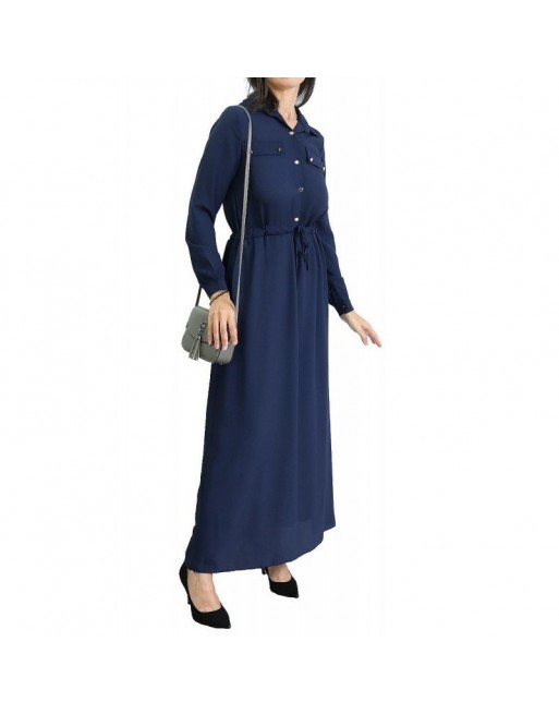 Robe casual boutonnée manches longues pour femme - Couleur Bleu marine Robe casual boutonnée manches longues pour femme - Couleur Bleu marine