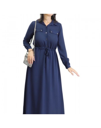 Robe casual boutonnée manches longues pour femme - Couleur Bleu marine 