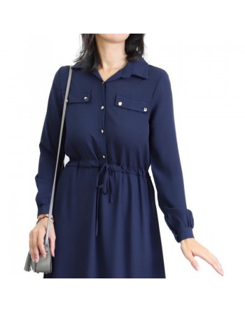 Robe casual boutonnée manches longues pour femme - Couleur Bleu marine 