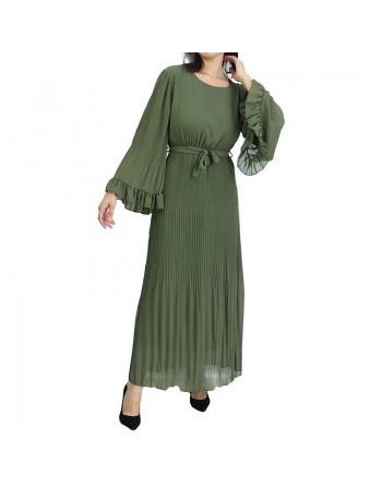 Robe longue fluide plissée avec manches évasées pour femme - Couleur Vert kaki 