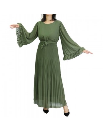 Robe longue fluide plissée avec manches évasées pour femme - Couleur Vert kaki 