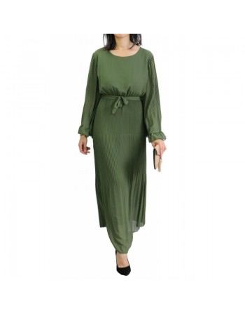 Robe longue fluide plissée avec manches évasées pour femme - Couleur Vert kaki 