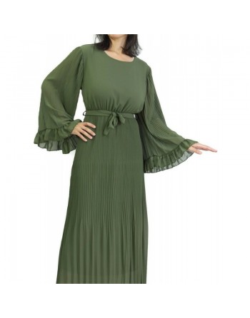 Robe longue fluide plissée avec manches évasées pour femme - Couleur Vert kaki 