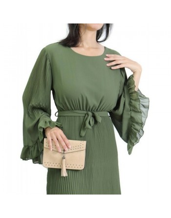 Robe longue fluide plissée avec manches évasées pour femme - Couleur Vert kaki 