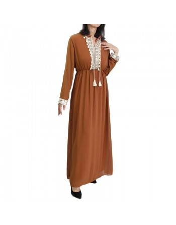 Robe fluide pour femme avec strass et pompons - Couleur Caramel 