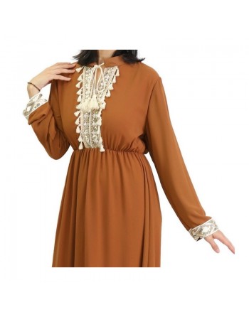 Robe fluide pour femme avec strass et pompons - Couleur Caramel 