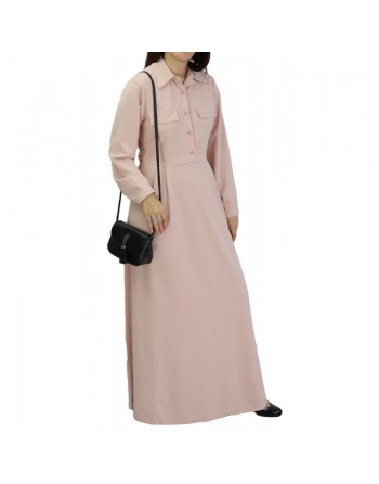Robe Longue boutonnée avec Col Chemisier et ceinture de couleur rose pale 