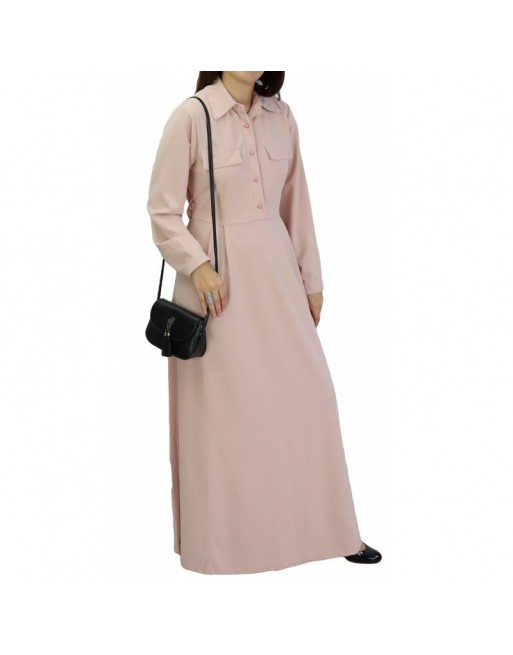 Robe Longue boutonnée avec Col Chemisier et ceinture de couleur rose pale Robe Longue boutonnée avec Col Chemisier et ceinture de couleur rose pale