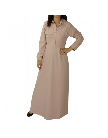 Robe Longue boutonnée avec Col Chemisier et ceinture de couleur rose pale 
