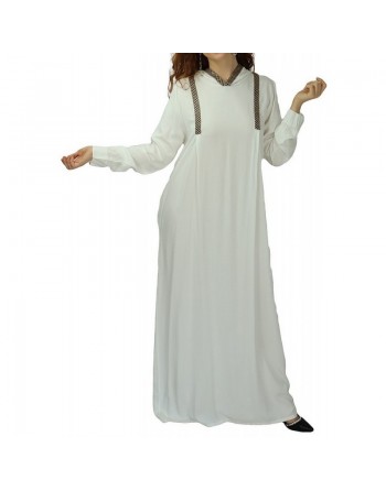 Abaya moderne blanche avec capuche et bandes noires dorées pour femme 