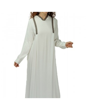 Abaya moderne blanche avec capuche et bandes noires dorées pour femme 