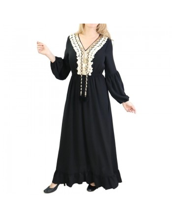 Robe brodée maxi-longue avec pompons et manche bouffantes pour femme - Couleur noire 