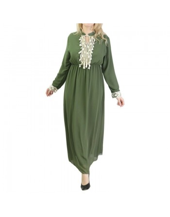 Robe fluide pour femme avec strass et pompons - Couleur Vert Kaki 