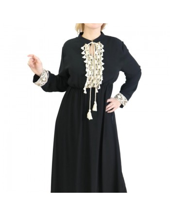 Robe fluide pour femme avec strass et pompons - Couleur Noire 