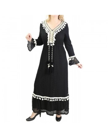Robe de soirée en dentelles avec pompons - Couleur noire 
