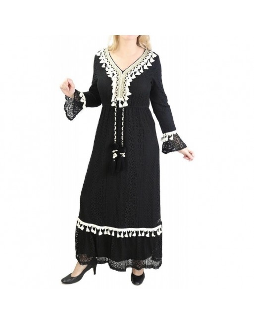 Robe de soirée en dentelles avec pompons - Couleur noire 