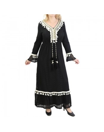 Robe de soirée en dentelles avec pompons - Couleur noire 