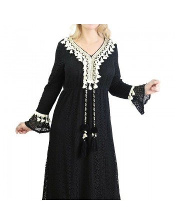 Robe de soirée en dentelles avec pompons - Couleur noire 