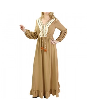 Robe brodée maxi-longue avec pompons et manche bouffantes (Plusieurs couleurs disponibles) 