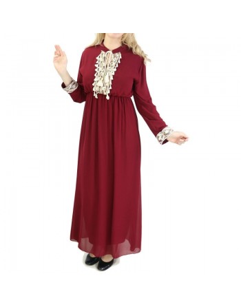Robe fluide pour femme avec strass et pompons - Couleur Bordeaux 