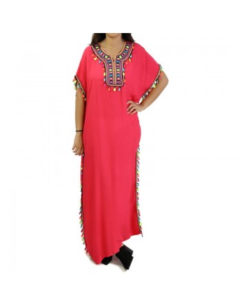 Robe orientale d'été avec pompons multicolores - Couleur rouge capucine 