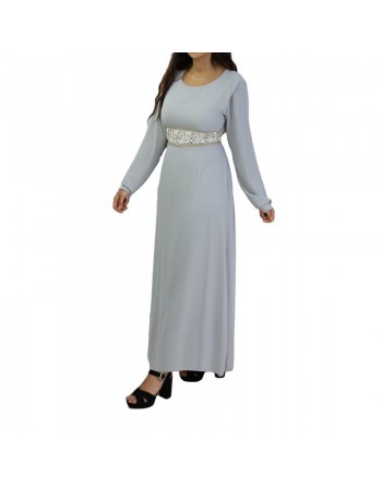 Robe longue fluide avec broderies blanches et dorées pour femme - Couleur gris clair 