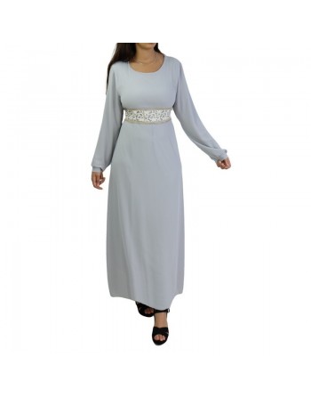 Robe longue fluide avec broderies blanches et dorées pour femme - Couleur gris clair 