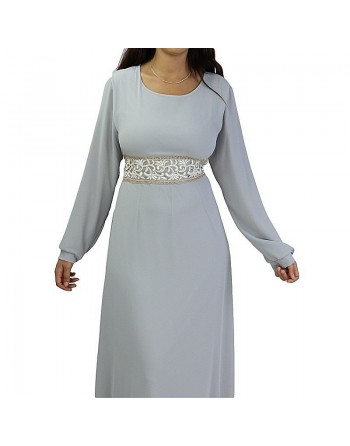 Robe longue fluide avec broderies blanches et dorées pour femme - Couleur gris clair 