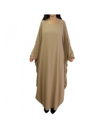 Robe longue papillon évasée avec doublure tissu crêpe de couleur camel 