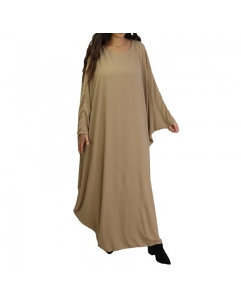 Robe longue papillon évasée avec doublure tissu crêpe de couleur camel 