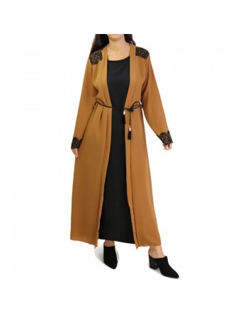 Robe longue noire avec kimono intégré couleur camel 