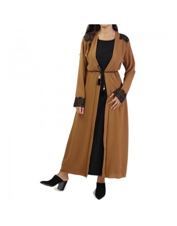 Robe longue noire avec kimono intégré couleur camel 