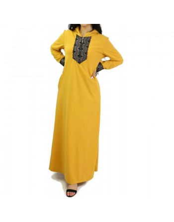 Robe longue moderne type abaya du Maroc avec capuche et motifs dorés pour femme - Couleur jaune moutarde 