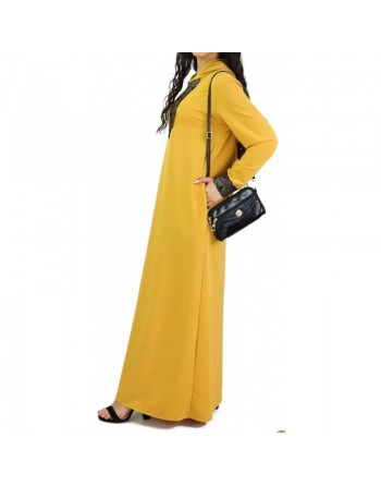 Robe longue moderne type abaya du Maroc avec capuche et motifs dorés pour femme - Couleur jaune moutarde 