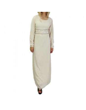 Robe longue fluide avec broderies blanches et dorées pour femme - Couleur crème 