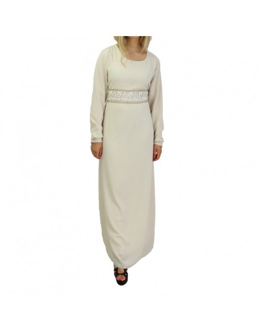 Robe longue fluide avec broderies blanches et dorées pour femme - Couleur crème Robe longue fluide avec broderies blanches et dorées pour femme - Couleur crème
