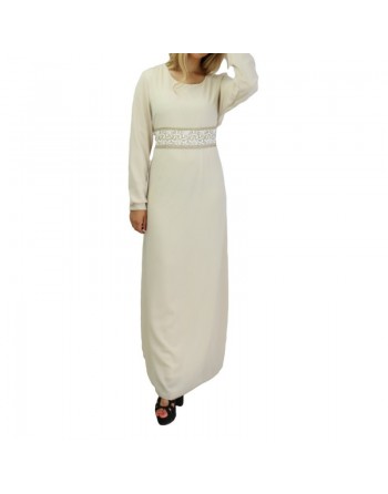 Robe longue fluide avec broderies blanches et dorées pour femme - Couleur crème 