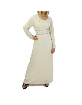 Robe longue fluide avec broderies blanches et dorées pour femme - Couleur crème 