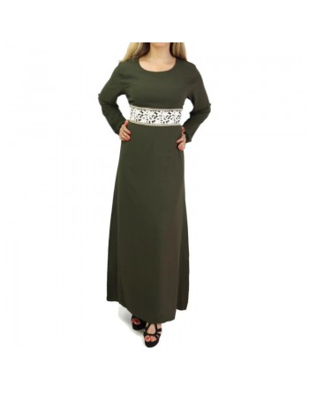 Robe longue avec broderies blanches et dorées - Couleur kaki 