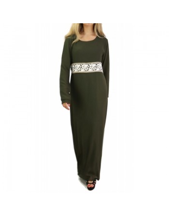 Robe longue avec broderies blanches et dorées - Couleur kaki 