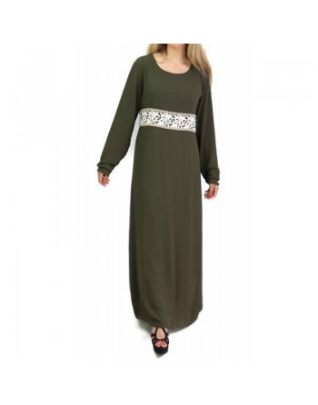 Robe longue avec broderies blanches et dorées - Couleur kaki 