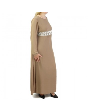 Robe longue fluide avec broderies blanches et dorées pour femme - Couleur Taupe 