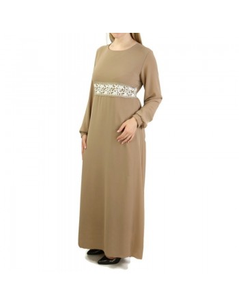 Robe longue fluide avec broderies blanches et dorées pour femme - Couleur Taupe 