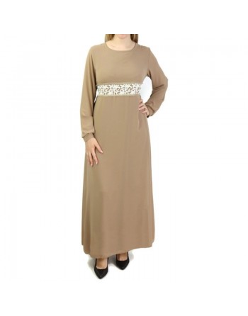 Robe longue fluide avec broderies blanches et dorées pour femme - Couleur Taupe 